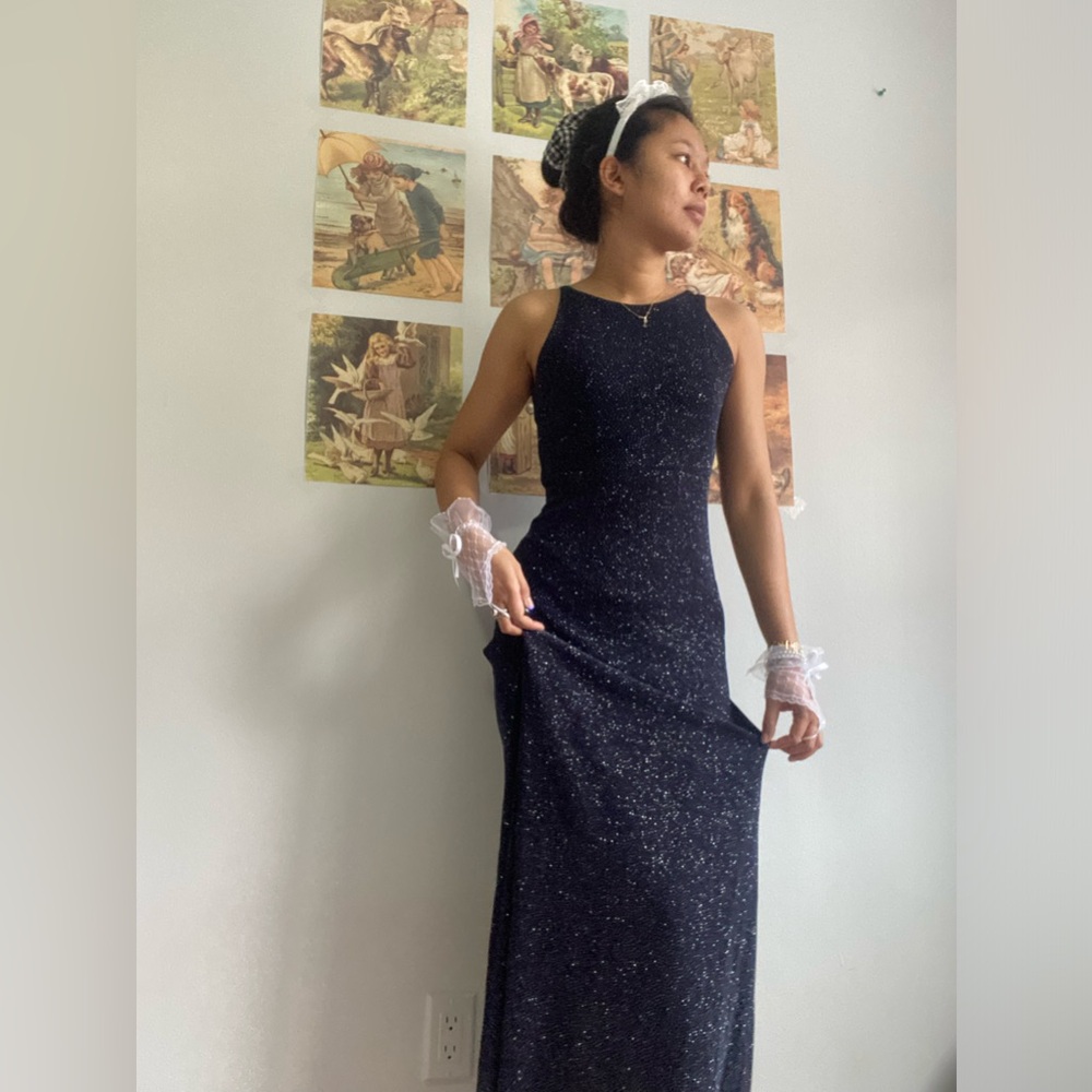 CACHÉ NAVY BLUE GLITTER SPARKLY MAXI DRESS GOWN SIZE XS TO S